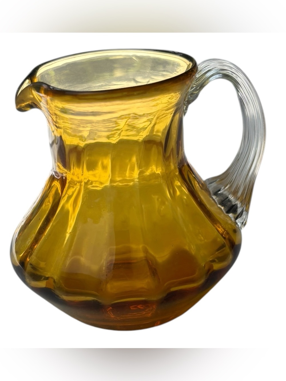 Vintage 3.5” Amber Pilgrim Glass Mini Pitcher Clear Scored Handle Hand Blown